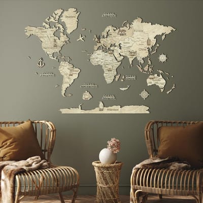 Houten Wereldkaart Decoratie - Muurdecoratie Hout - Woonkamer Decoreren - Gedetailleerd Ontwerp - 80x55 cm - Licht