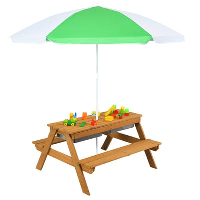 COSTWAY 3-in-1 kinderpicknicktafel, tuintafel met parasol en banken, kinderzitgroep van hout met afneembaar tafelblad en 2 speelboxen, kindermeubelset voor tuin, achtertuin, terras, wit