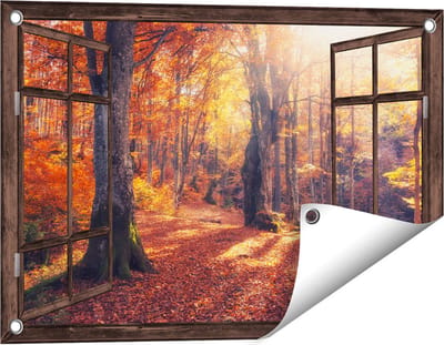 Gards Tuinposter Doorkijk Oranje Herfstbos met Zonneschijn - 60x40 cm - Tuindoek - Tuindecoratie - Wanddecoratie buiten - Tuinschilderij