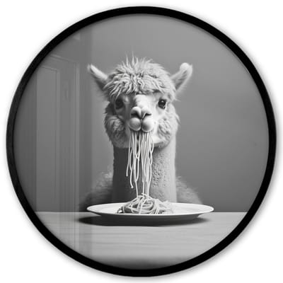 Poster in lijst Rond - Fotolijst 40x40 cm - Posters - Alpaca - Pasta - Zwart - Wit - Grappig - Dieren - Ronde posterlijst zwart - Decoratie - Wanddecoratie woonkamer - Muurdecoratie slaapkamer