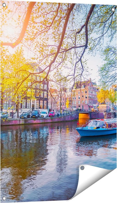 Gards Tuinposter Amsterdamse Gracht tijdens het Voorjaar - 60x90 cm - Tuindoek - Tuindecoratie - Wanddecoratie buiten - Tuinschilderij