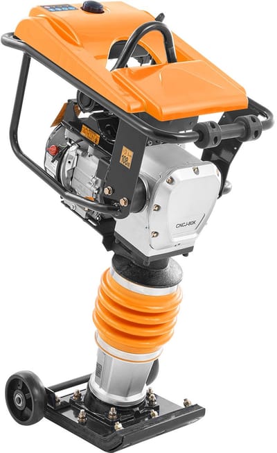 Hampelmann verdichter - 6,5 pk brandstofaangedreven trilstamper met 196 cm³ motor. Levert 3600 lbs slagkracht, bereikt een maximale verdichtingsdiepte van 26 inch.
