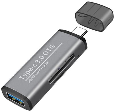 USB-C naar SD + Micro-SD (tf) + USB 3.0 Female - compacte kaartlezer adapter kabel - card reader - voor o.a. camera en laptop - zilver