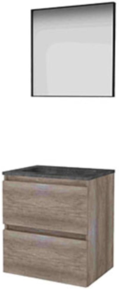 Basic-Line Framed 46 Badkamermeubelset - 60 x 46 cm - Greeploos - 2 Lades - Hardstenen Wastafel - 1 Kraangat - Spiegel met Zwart Aluminium Frame - Scotch Oak