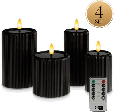 Meisterhome® LED Kaarsen 4-delige Set Zwart – Flikkerend Licht – Met Afstandsbediening & Timer – Batterijverlichting – Ø7,5/10 cm, Hoogte 10/15 cm – Ribbeldesign – Vlamloos & Energiezuinig