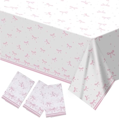 Set van 3 roze strik tafelkleedjes - Rechthoekige plastic tafelkleden voor verjaardag, babyshower en bruiloft - Waterdicht en schattig tafelaccessoire voor feestdecoratie