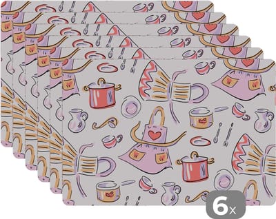 Placemat - Placemats kunststof - Patronen - Keuken - Schort - Koken - Pastel - 45x30 cm - 6 stuks - Hittebestendig - Anti-Slip - Onderlegger - Afneembaar