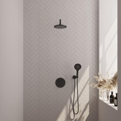 Brauer Black Edition thermostatische inbouw regendouche 3-weg rond SET 81 met 20 cm douchekop en gebogen muurarm en 3-standen handdouche en doucheslang en wandaansluitbocht mat zwart
