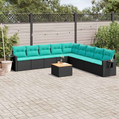 vidaXL - 10-delige - tuinbankset - met - kussens - van - zwart - polyrotan