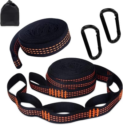 2 Stuks Hangmat Bevestigingsset met 2 Carabiner Haken en 10 Lussen - 3m x 2.5cm Hangmat Accessoires voor Kamperen, Maximaal 300kg Draagvermogen, Ideaal voor Buitenactiviteiten