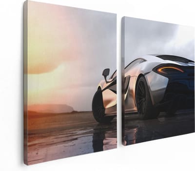 Artaza Canvas Schilderij Tweeluik Zilveren Sportwagen Auto Bij Zonsondergang - 120x80 cm - Wanddecoratie Woonkamer - Schilderijen - Muurdecoratie