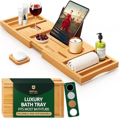 Luxe badkuip Caddy Tray voor 1 of 2 personen - Bad tafel Caddy met uitschuifbare zijkanten en zeepbakje