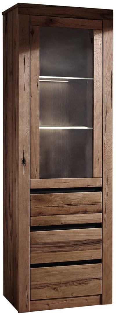 MASSIVMOEBEL24.DE wilde eik / moseik vitrine bruin massief hout 62x42x190 cm (BxTxH) geolied gemonteerd MONTREUX volledig massief #321