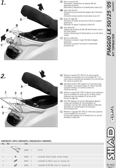 Support de top case Shad pour Scooter Piaggio 50 LX 2005 à 2014 V0LX55ST Neuf