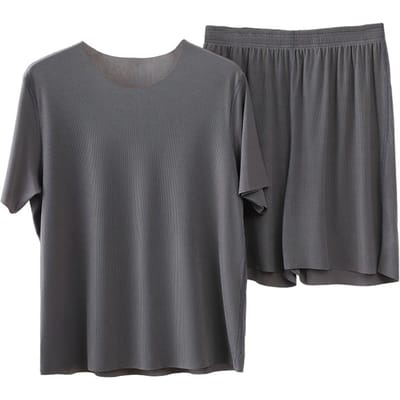 2 stuks/set Heren Loungewear O-hals Korte Mouw Tops Elastische Taille Wijde Pijp Shorts Set Effen Kleur IJszijde Homewear Naadloos Pyjama B Praktisch Gebruik L donkergrijze kleur