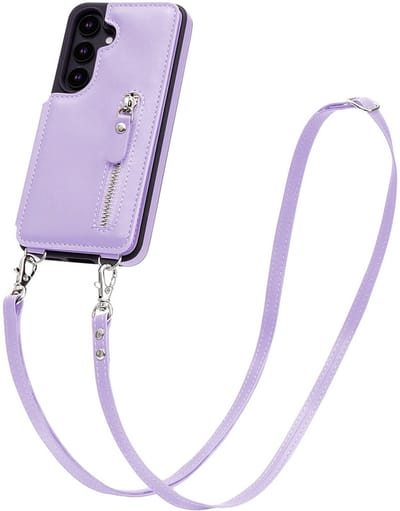 CaseMania Backcase hoesje geschikt voor Samsung Galaxy S24 - Effen Lila - Kunstleer - met Crossbody Koord, Pashouder & Ritsvakje