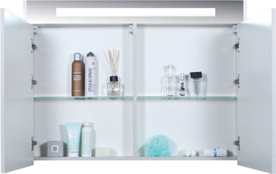 Basic Premium 46 badmeubelset met spiegelkast met geïntegreerde LED verlichting, onderkast met 2 lades, grepen en acryl wastafel zonder kraangaten 120