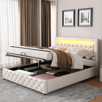 Gestoffeerd tweepersoonsbed - voor slaapkamer en logeerkamer met opbergruimte en LED-verlichting - 160x200 cm - wit - opklapbare lattenbodem - geruisloze houten latten - max. belastbaar 220 kg