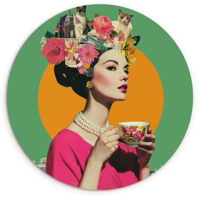 WallCircle® Wandcirkel 120x120 cm - Muurcirkel Retro - Vrouw - Stad - Zon - Muurdecoratie woonkamer - Wanddecoratie slaapkamer - Kamer decoratie accessoires - Ronde schilderijen XXL