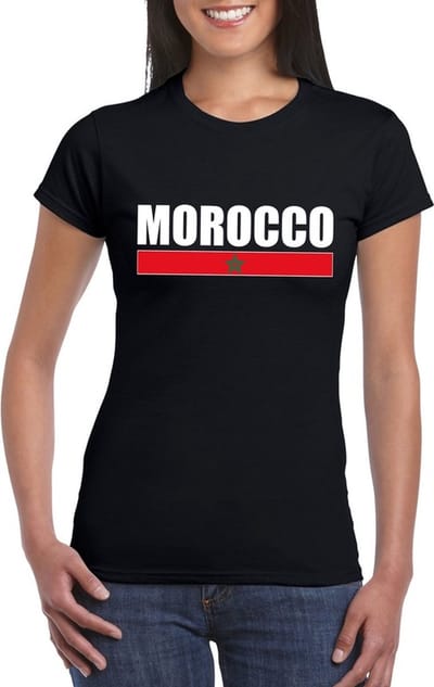 Marokko supporters kleding t-shirt - voor dames - zwart - met vlag kleuren print - korte mouwen S