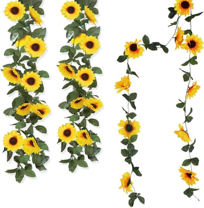 Dailygoods - Kunstzonnebloemenslinger, 3 stuks, 245 cm, hangende bloemendecoratie, plastic zonnebloem, feestdecoratie, kunstbloemen voor thuis, hotel, kantoor, bruiloft, tuindecoratie