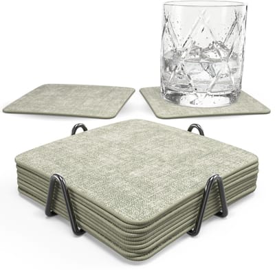 Castagnola Kunstlederen Onderzetters – Onderzetters voor Glazen – Design Onderzetters met Houder – Leren Onderzettersset met metalen houder – Leder – Set van 10 - Gemêleerd Groen - 10x10cm