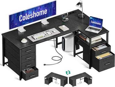 Hoekbureau L-vorm - Computerbureau met 6 Laden, Stopcontacten en USB-poorten - Omkeerbaar Bureau met Opbergruimte - Groot Bureau voor Thuiswerken, Gaming en Studie - Werkbureau - Zwart