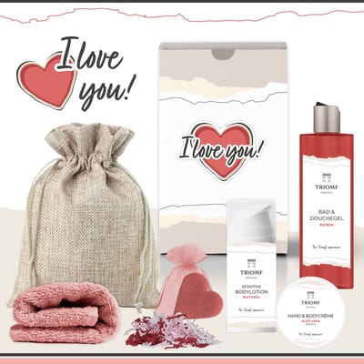 Geschenkset “I Love You!” - 6 producten - 530 gram - Triomf Cosmetica | Giftset voor haar Cadeau Valentijnsdag Luxe wellness cadeaubox Vrouw Ik hou van jou Cadeaupakket Kerst Geschenk Pakket Verjaardag Moeder Gift Set Valentijn Vriendin Roze Rood