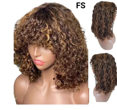 Human Hair Pruik – Braziliaans Remy Haar – Highlight 1B/30 -Zomer pruiken- Pruik kort haar-Krullend – 35 cm – Met Pony– Geen Lace – Damespruik