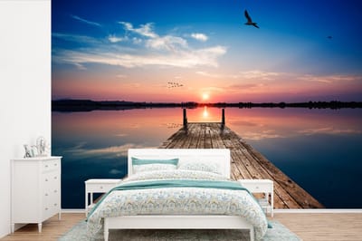 Behang - Fotobehang Steiger - Water - Zonsondergang - Roze - Horizon - Breedte 390 cm x hoogte 260 cm