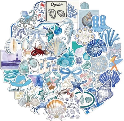Dailygoods- Oceaanstickers 50 Stuks - Waterbestendige Dierenstickers - Zelfklevende Onderwaterstickers - Grappige Zeedieren - PVC Materiaal - Blauw