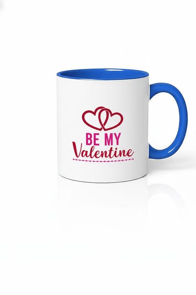 Mok 'Be My Valentine' met Dubbele Harten - Valentijnsdag Cadeau, Blauw Handvat & Interieur