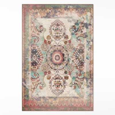 Wallfluent Vinyl Tapijt - Kleurrijk Decoratief Ornament Vinyl Vloerkleed - 60 x 90 cm - Rechthoek Tapijt Vinyl - Bruin Binnen Tapijt - Keukentapijt - Haltapijt
