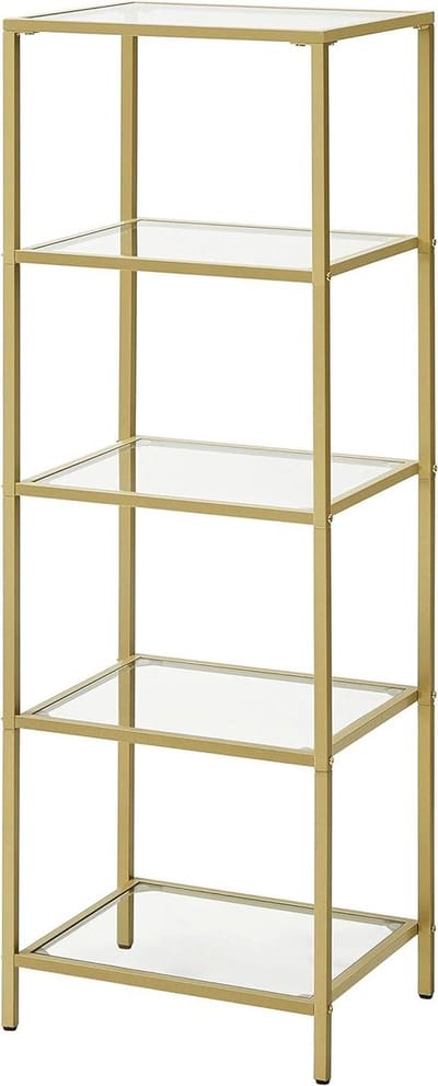 Kast - Goudenrek - Rek - Rekeenheid, 5-verdiepingen opstapplank, smalle glazen plank voor slaapkamer, badkamer, thuiskantoor, gehard glas, stalen frame, goudkleur