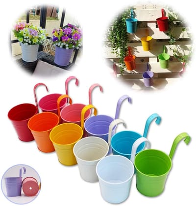 Famanu - Set van 10 metalen hangbloempotten met afvoergat 10 cm kleurrijk
