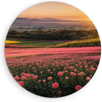Saammp Muurcirkel Hout - Landschap - Roze Bloemenveld met zonsondergang - Natuur - Ø 90 - Wandcirkel - Wanddecoratie Cirkel - Muurdecoratie Woonkamer - Slaapkamer decoratie - Rond Schilderij