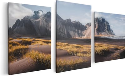 Artaza Canvas Schilderij Drieluik Zwart Zand In De Bergen Van IJsland - 120x60 - Foto Op Canvas - Canvas Print