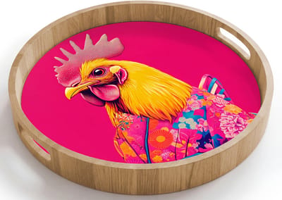 Dienblad rond 40x40 cm - Schootdienblad hout - Haan - Kleurrijk - Kimono - Roze - Borrelplank rechthoek - Plateau houten dienbladen