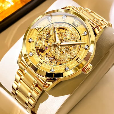 HO-7027.g : Olevs automatisch & mechanisch edelstalen goudkl Tourbillon horloge, Red Dragon, Skeleton kast, goudkleurig binnenwerk, diamantzirkonia's