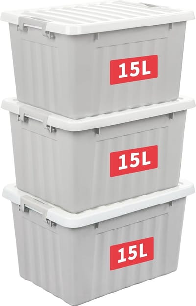 Famanu 15L x 3 opbergdozen met deksels, plastic opbergbakken met vergrendelende gespen, kliksluiting, stapelbaar, nesten, organizer voor thuiskantoorkleding, grijs, 15L-3 Pack