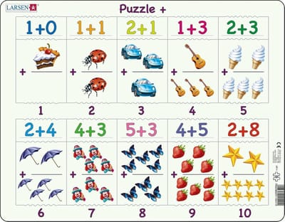 Larsen Optellen tot 10 met afbeeldingen – Puzzel – Leren rekenen – Optellen – Educatieve legpuzzel voor kinderen – 20 stukjes – Gemaakt in Noorwegen – Extra dikke 2,5 mm stukjes – Tray met vaste rand