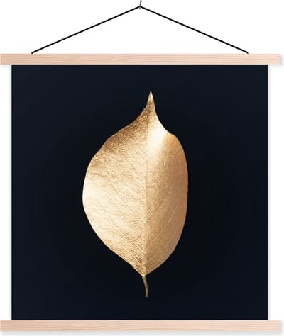 Posterhanger incl. Poster 60x60 cm - Schoolplaat - Bladeren - Goud - Zwart - Planten - Luxe - Textielposter - Blanke latten