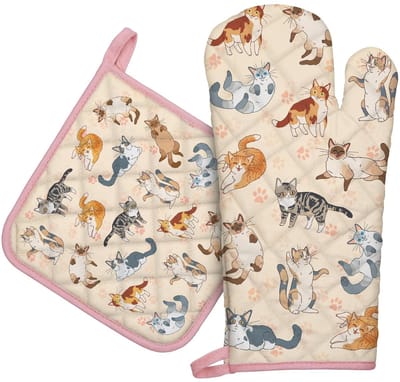 Ovenwanten en pannenlappen sets 2 stuks, 100% katoen hittebestendig, extra lange ovenhandschoenen pannenlap voor keuken koken bakken Housewarming