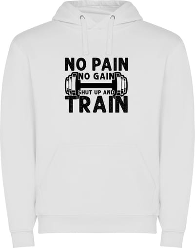 Witte unisex hoodie met “ Kleurrijke No Pain No Pain shut Up and Train – Bodybuilden – Dumbell - Sport – Zet Door – Niet opgeven “ Print Full Color merk Roly maat XL