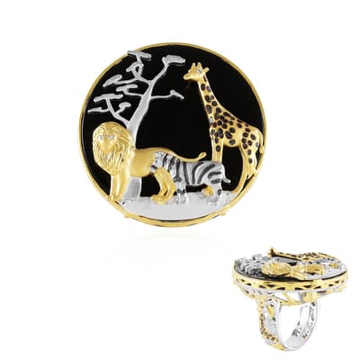 Cavill - 925 Sterling Zilver Ring met 18,16 ct Braziliaanse Zwarte Onyx en 0,004 ct Diamantaccenten - Elegant Rondgeslepen Damesring Maat 18