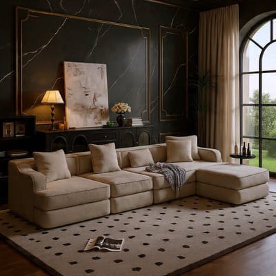 CloudComfort Modulaire Hoekbank met Slaapfunctie – 5-Zits L-Vorm Boneless Sofa van Corduroy, Montagevrij, Extra Diepe Zitting, Beige | House&Garden