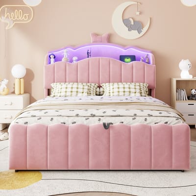 Kinderbed 140x200 cm - Tweepersoonsbed - Opbergbed - Multifunctioneel bed - Met hydraulische functie - Met Opvouwbaar hoofdbord - Met LED-lamp - Met opbergvak - Met USB-oplaadpoort - Veilig en comfortabel - Roze