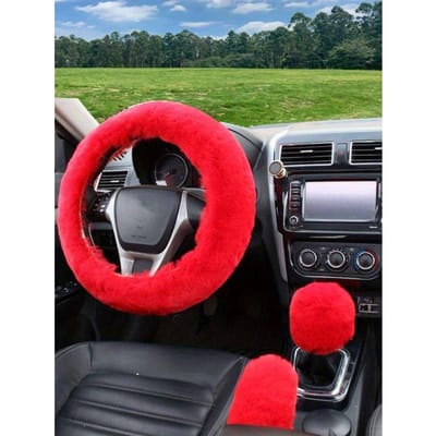 3 stuks Effen Pluizige Auto Stuurwielhoes & Handrem & Versnellingspookhoes Set one-size rood