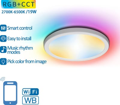 Plafondlamp Ø 24cm WiFi RGB+CCT 2700K-6500K | RGB - warmwit - daglichtwit - LED 19W=150W gloeilamp
