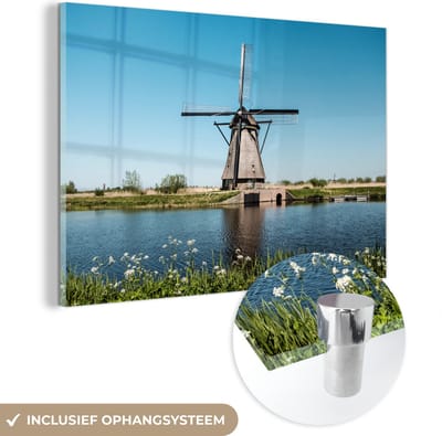 ® Glasschilderij 180x120 cm - Schilderij acrylglas - Molen - Bloemen - Water - Nederland - Foto op glas - Muurdecoratie woonkamer - Wanddecoratie slaapkamer - Schilderijen